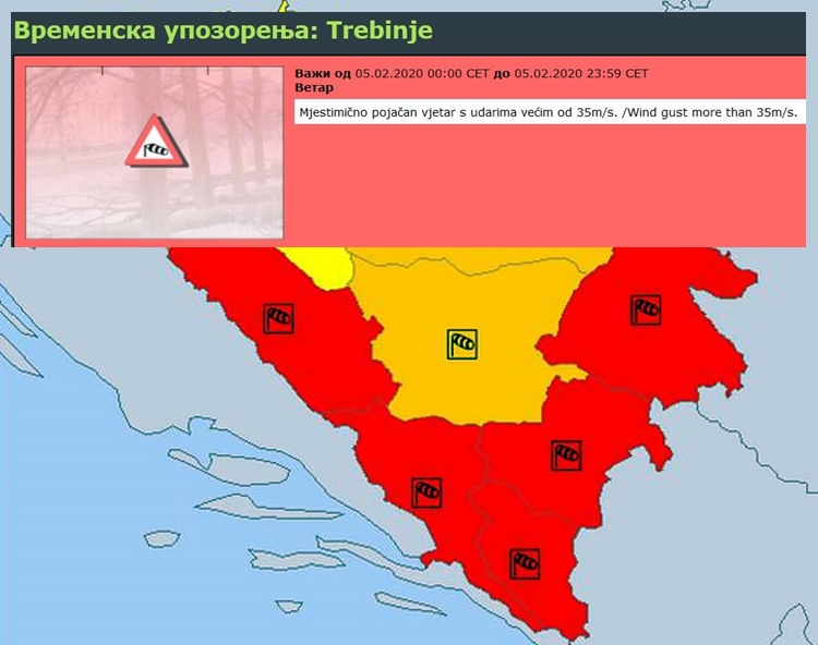 Најављени удари вјетра упалили црвено упозорење